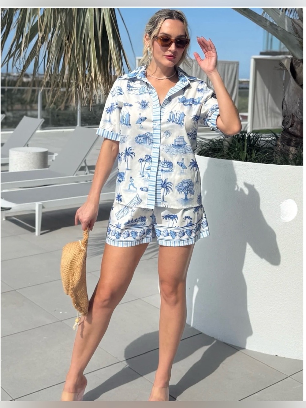 Women's Blue & White Printed Short Lounging Set